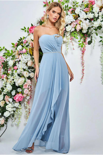Goddiva Bardot Chiffon Maxi Dress With Belt - Dusky Blue