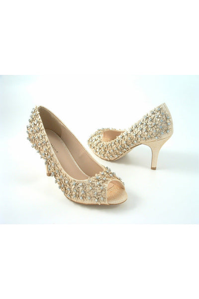 Glitz Shoes Mid Heel Diamante Flower Peep Toe Court Shoes Rose Gold