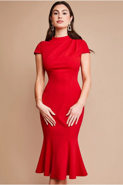 Goddiva Pleated Shoulder High Neck Midi Dress - Red