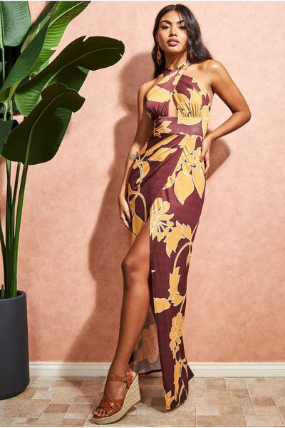 Goddiva Printed Crossover Maxi Dress - Brown