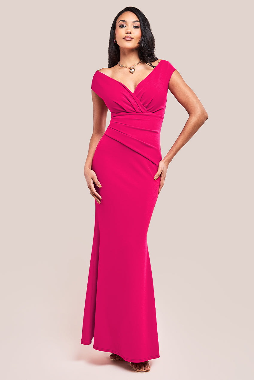Image of Goddiva Bardot Pleated Maxi Dress - Hot Pink