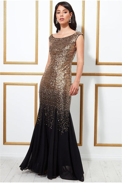 Goddiva Stephanie Prat Sequin and Chiffon Maxi - Blackgold