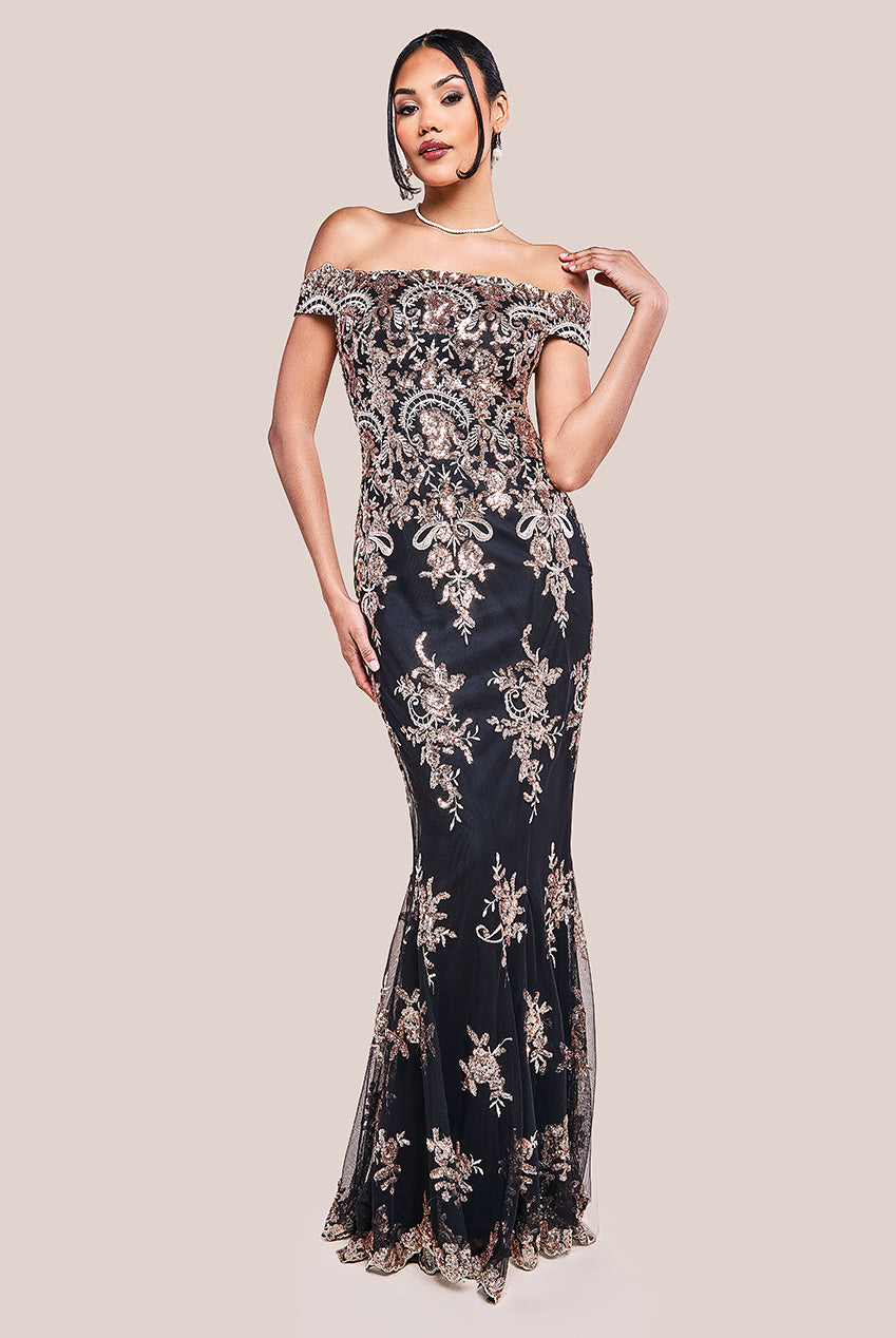 Image of Goddiva Bardot Sequin Embroidered Maxi Dress - Champagne