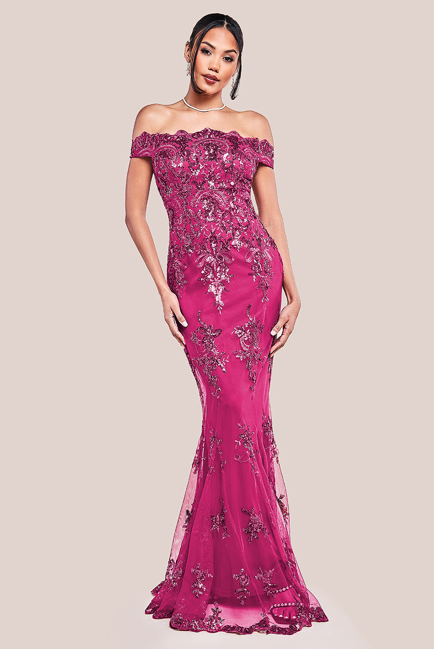 Image of Goddiva Bardot Sequin Embroidered Maxi Dress - Magenta