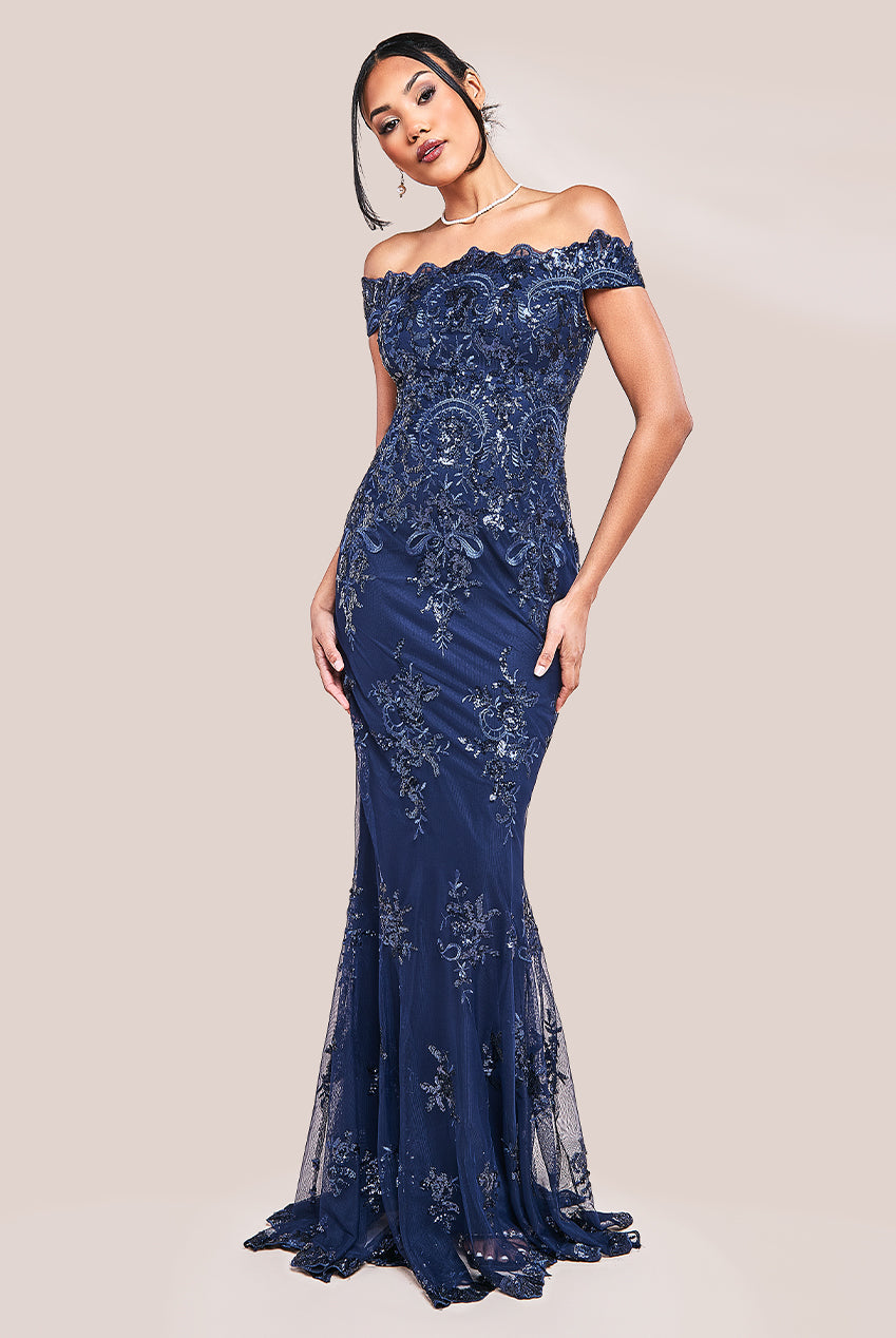 Image of Goddiva Bardot Sequin Embroidered Maxi Dress - Navy