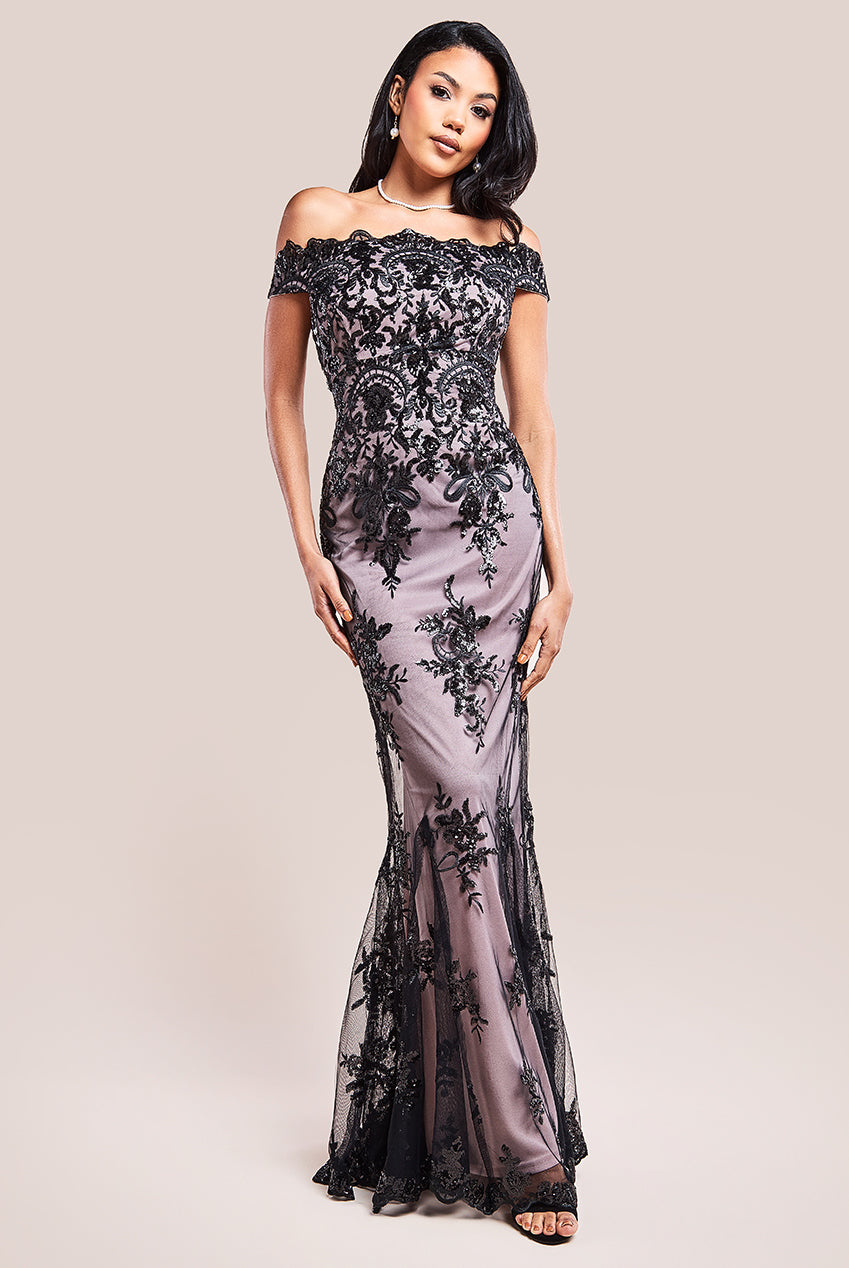 Image of Goddiva Bardot Sequin Embroidered Maxi Dress - Black
