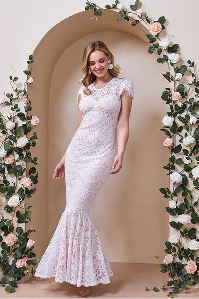 Goddiva lace cap sleeve maxi wedding dress - white