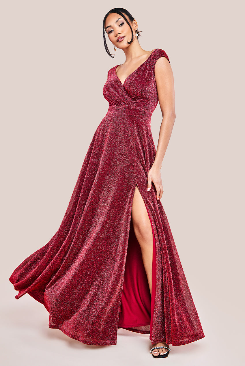 Goddiva Crossover Lurex Glitter Maxi Dress - Wine