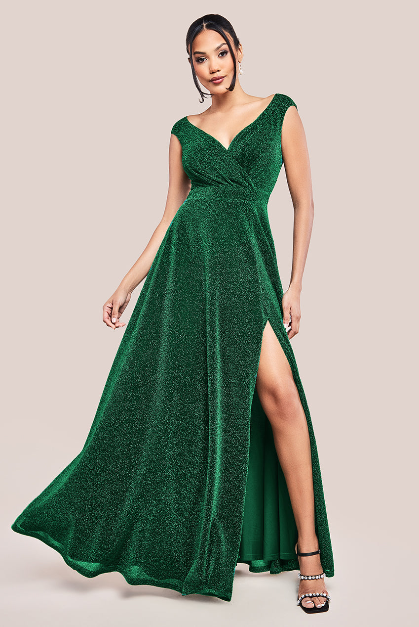 Goddiva Crossover Lurex Glitter Maxi Dress - Emerald
