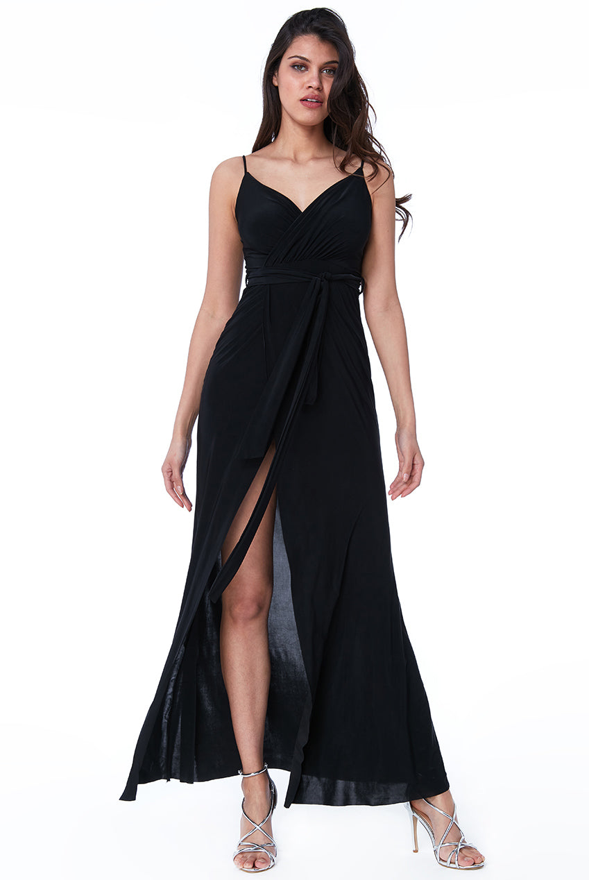 Image of City Goddess Wrap Front Maxi Slip Dress With Waist Tie-Up - Black