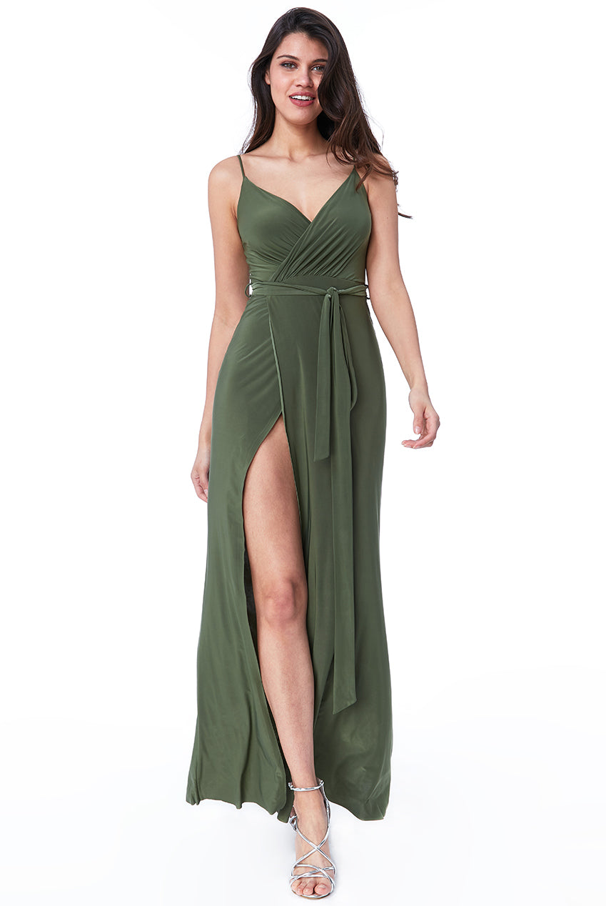 City Goddess Wrap Front Maxi Slip Dress With Waist Tie-Up - Olive Green