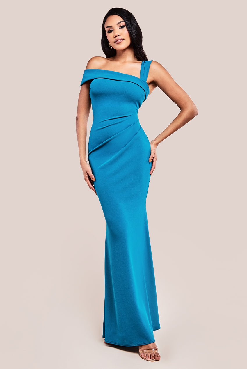 Goddiva Off The Shoulder Pleated Waist Maxi Dress - Teal Blue