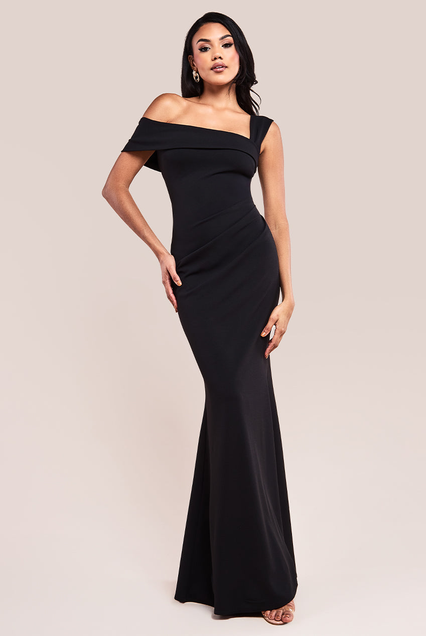 Goddiva Off The Shoulder Pleated Waist Maxi Dress - Black