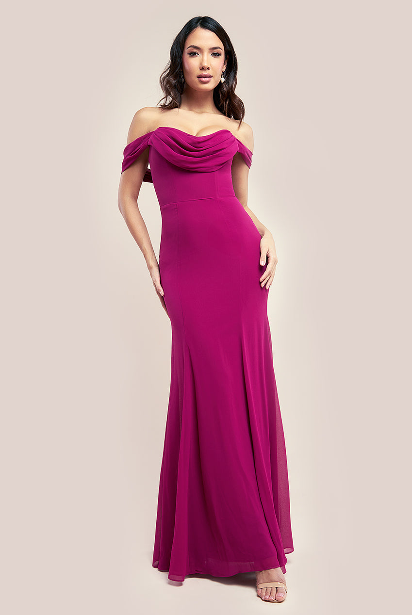 Goddiva Chiffon Bardot Cowl Neck Maxi Dress - Magenta