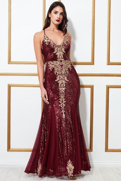 GODDIVA SEQUIN PATTERN MAXI DRESS - WINE