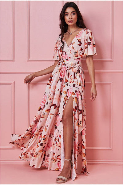  GODDIVA FLORAL PRINT MAXI WITH FLUTTER SLEEVES - PEACH FLORAL