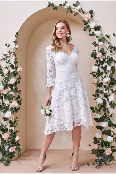 Goddiva high low lace midi wedding dress – white