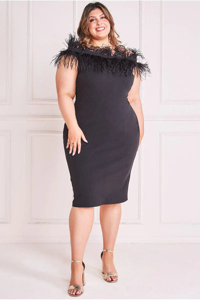 Goddiva Plus Off The Shoulder Feather Midi Dress - Black