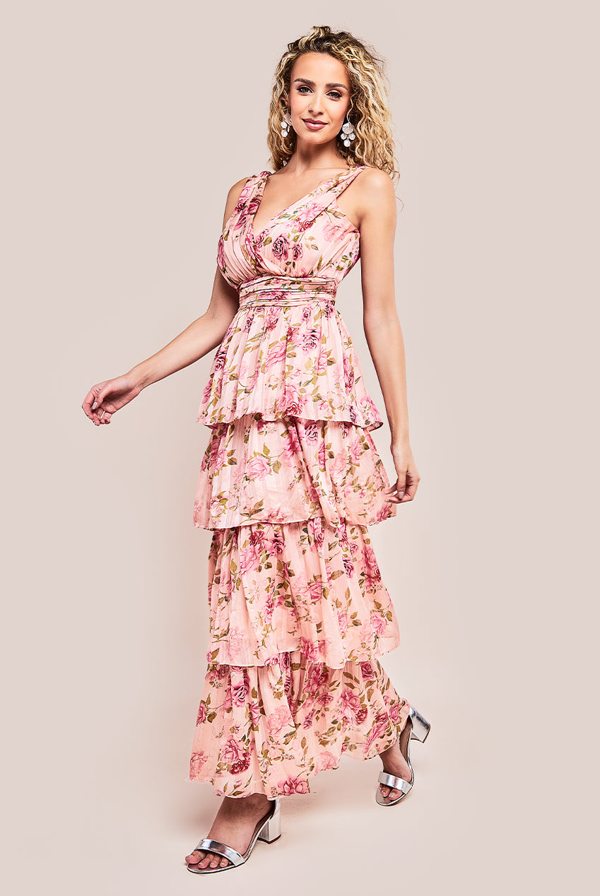 Goddiva Tiered Chiffon Floral Maxi Dress - Multi