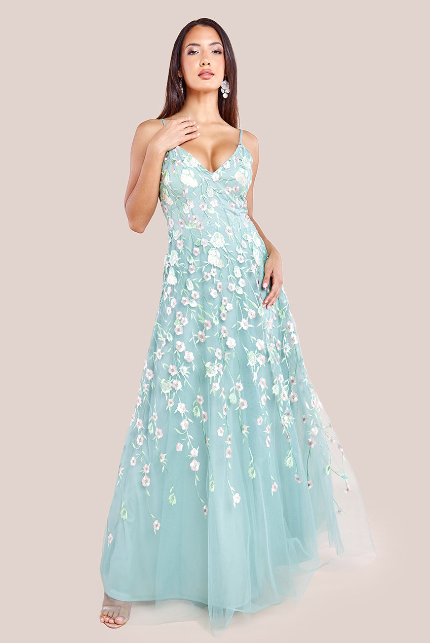 Goddiva Sleeveless Floral Mesh Maxi Dress - Sage Green