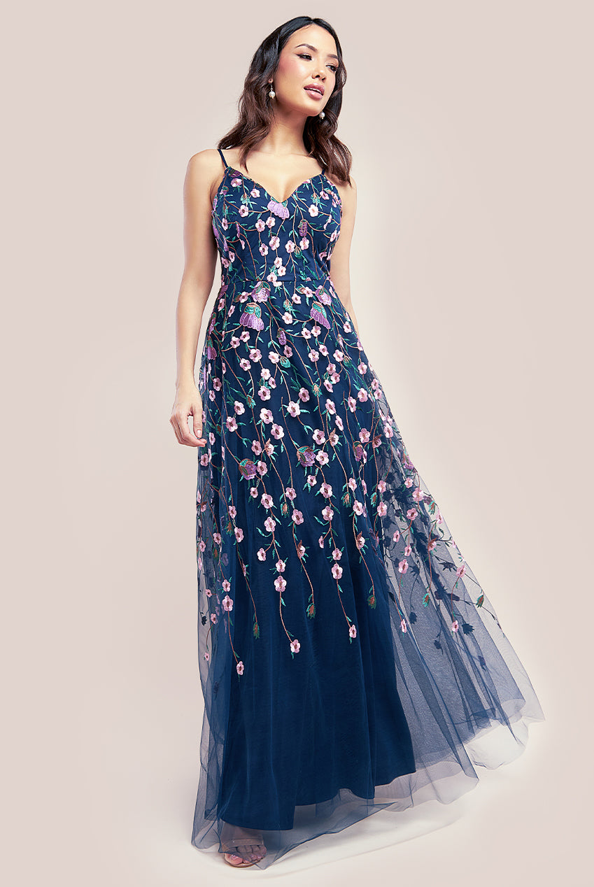 Goddiva Sleeveless Floral Mesh Maxi Dress - Navy