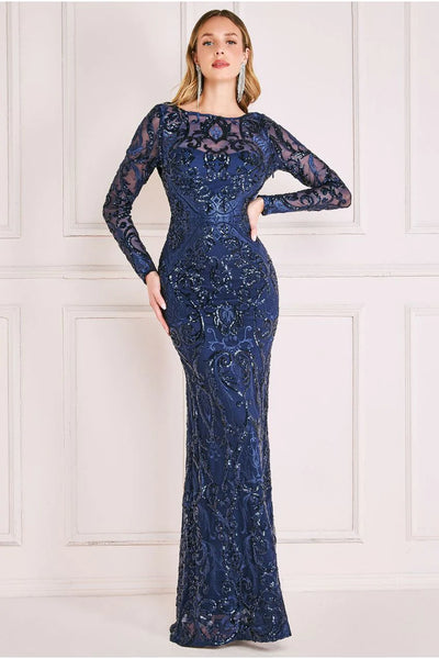 Goddiva Sequin Cowl Back Maxi - Navy