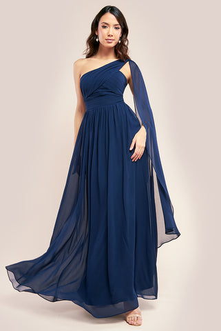 One Shoulder Pleated Chiffon Scarf Maxi - Navy DR3430