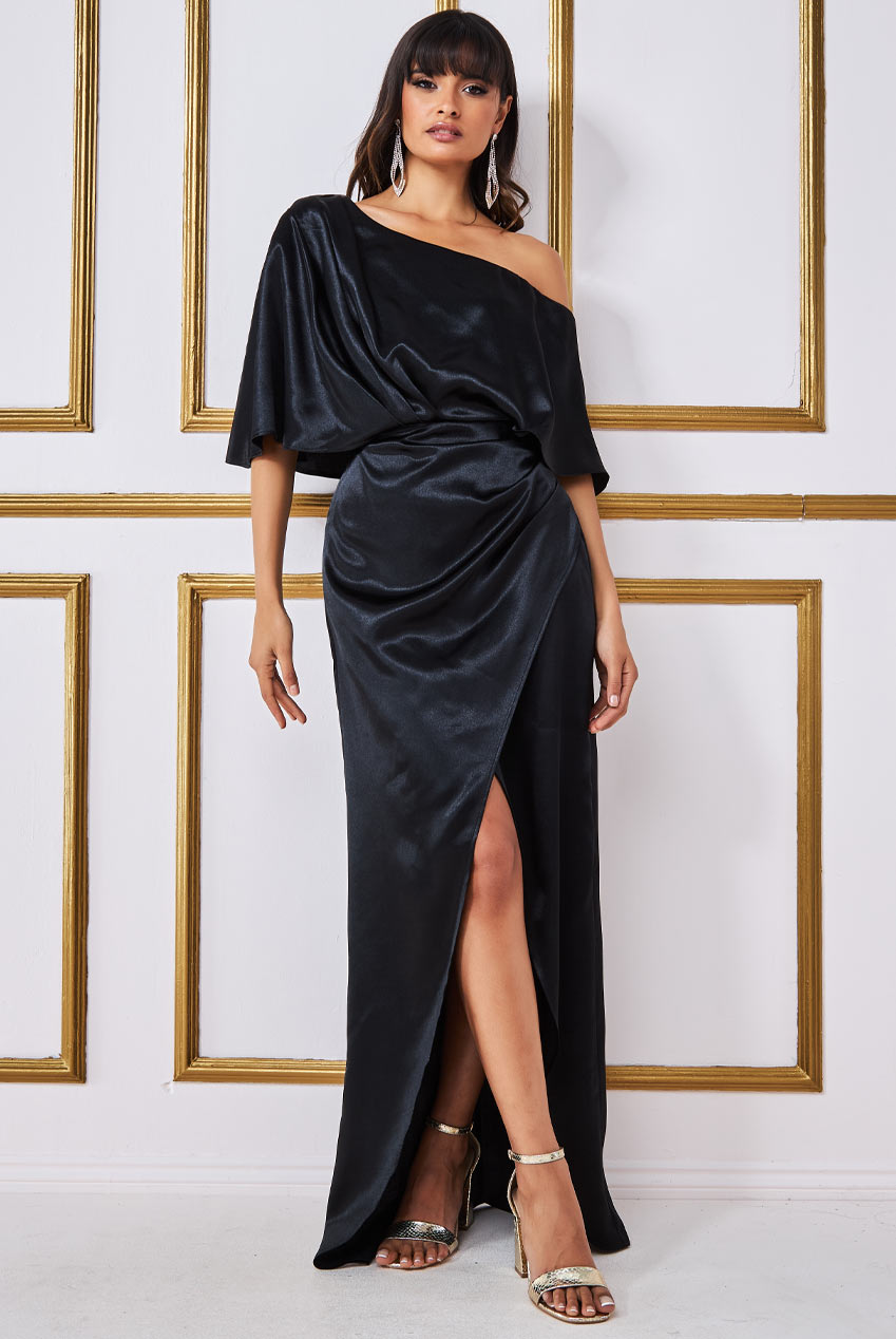 Goddiva Satin Drape Shoulder Wrap Maxi Dress - Black