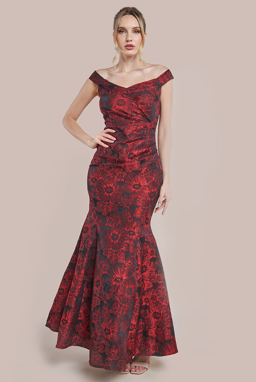 Goddiva Bardot Jacquard Maxi Dress - Wine