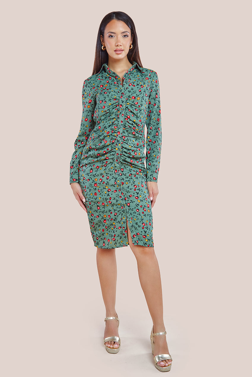 Image of City Goddess Floral Print Shirt Dress - Sage Green