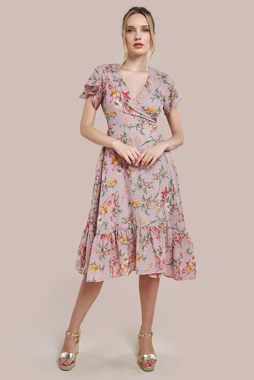 Image of City Goddess Wrap Flutter Sleeve Floral Midi Dress - Beige