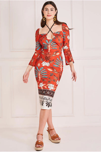 Goddiva Printed Tie Back Midi Dress - Orange