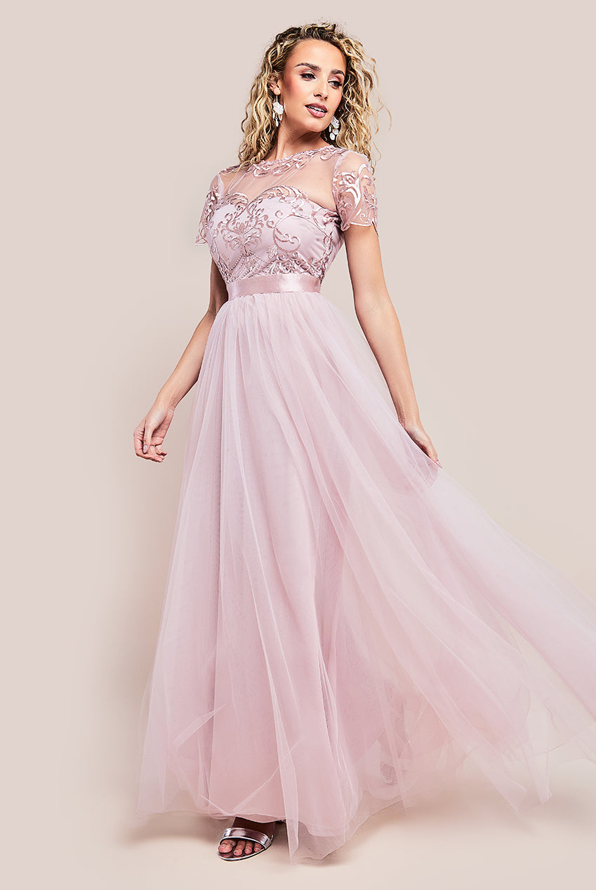 Image of Goddiva Embroidered Mesh Maxi Dress - Blush