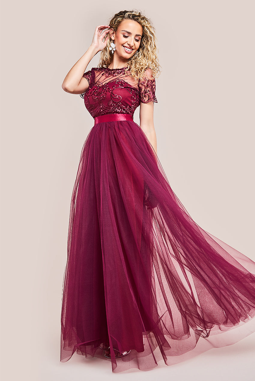 Image of Goddiva Embroidered Mesh Maxi Dress - Burgundy