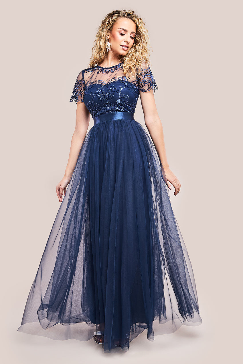 Goddiva Embroidered Mesh Maxi Dress - Navy