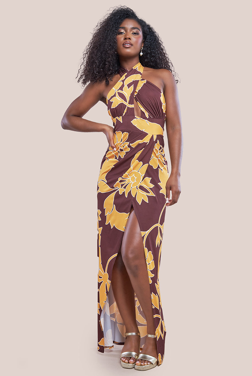 Image of Goddiva Printed Crossover Maxi Dress - Brown