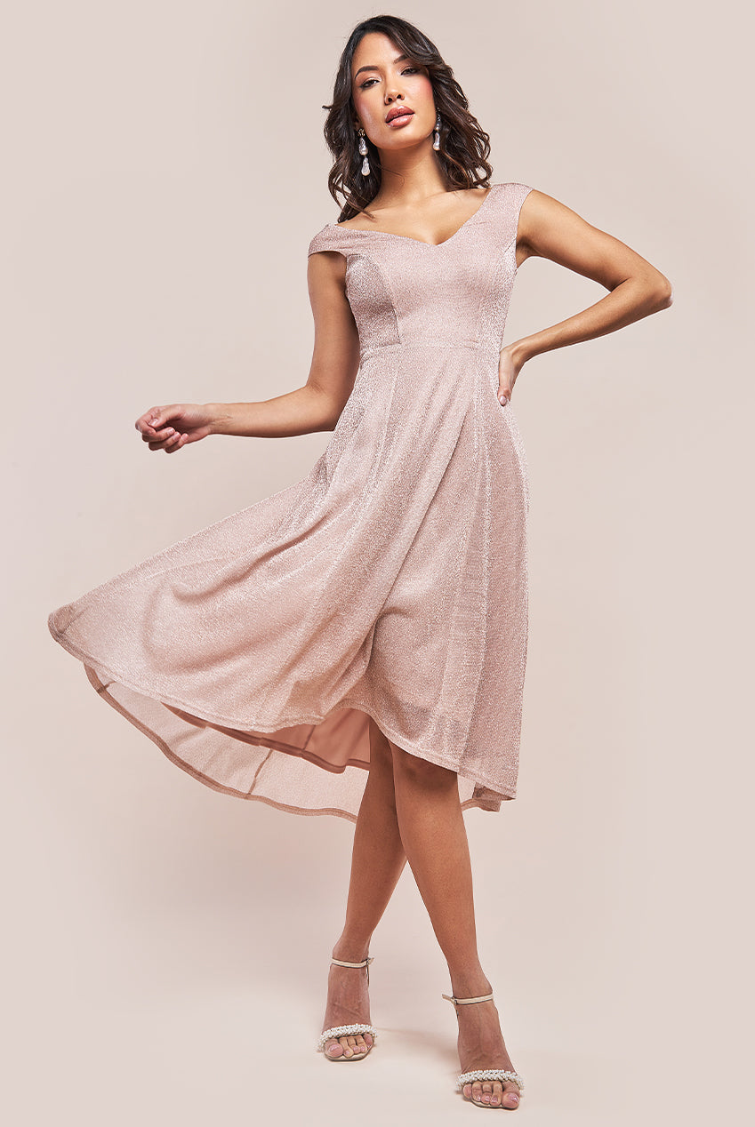 Image of Goddiva Off The Shoulder Lurex High Low Dress - Nude