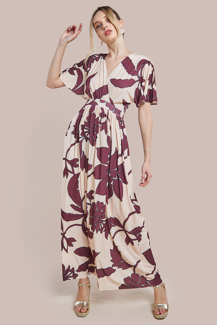 Goddiva Leaf Print Flutter Sleeve Maxi Dress - Cream
