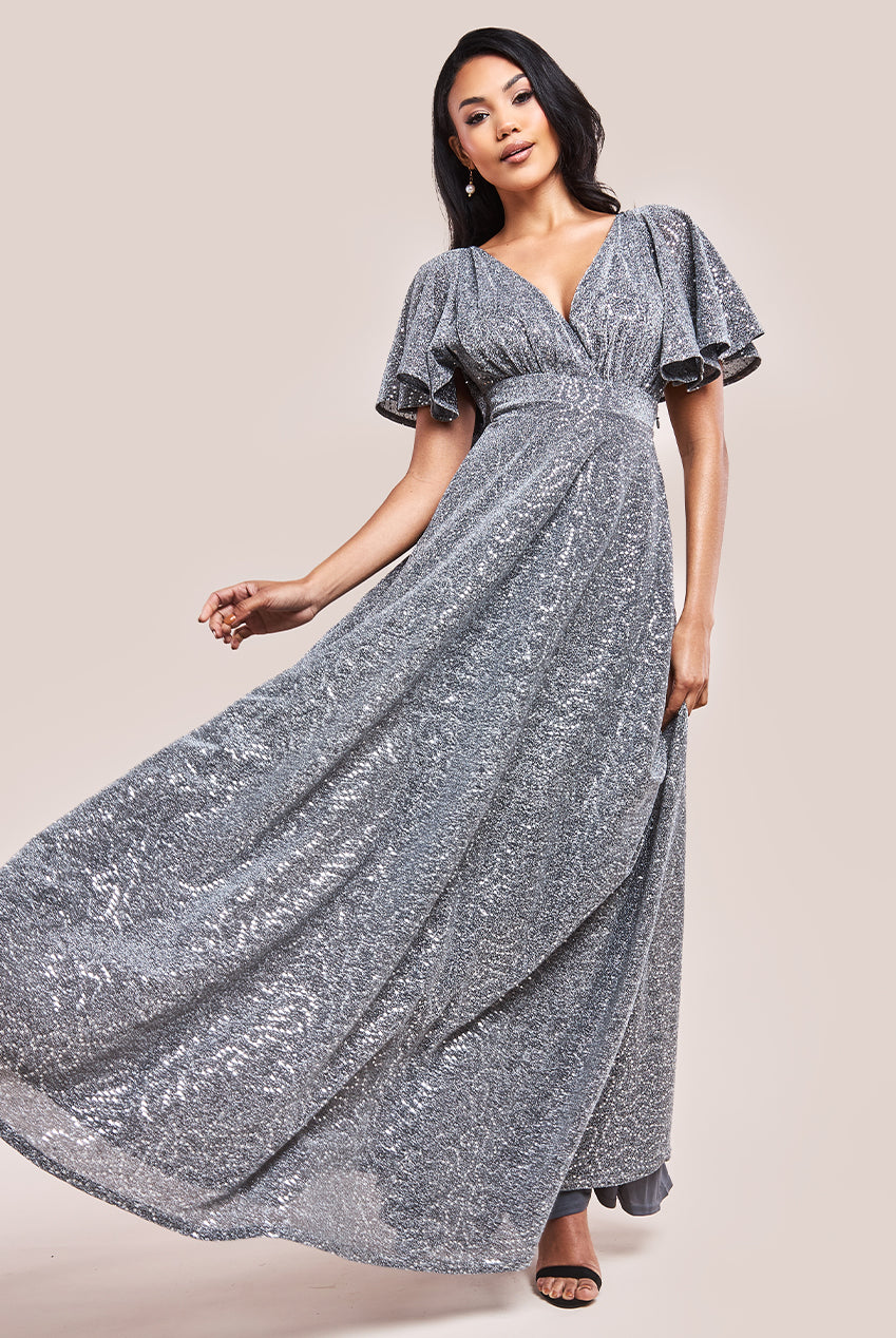 Goddiva Sequin Lurex Flutter Sleeve Maxi Dress - Silver