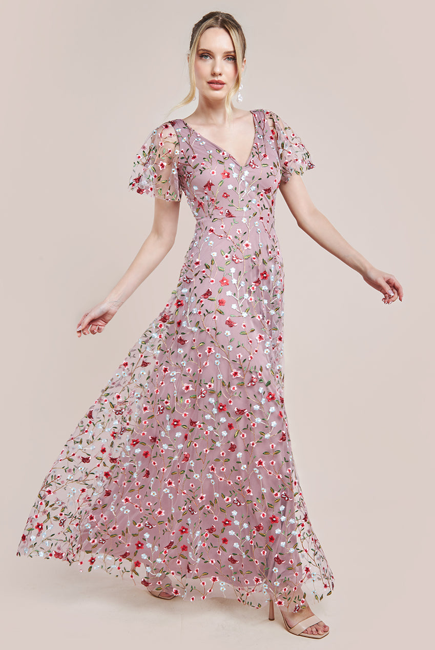 Image of Goddiva Flutter Sleeve Floral Embroidered Maxi - Rose Pink