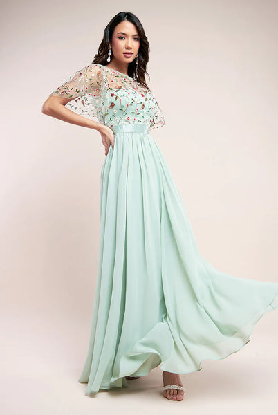 Goddiva Embroidered Top Flutter Sleeve Maxi - Sage Green