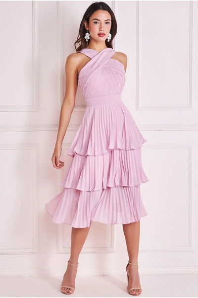 Goddiva Pleated Bodice Chiffon Tiered Midi - Pink