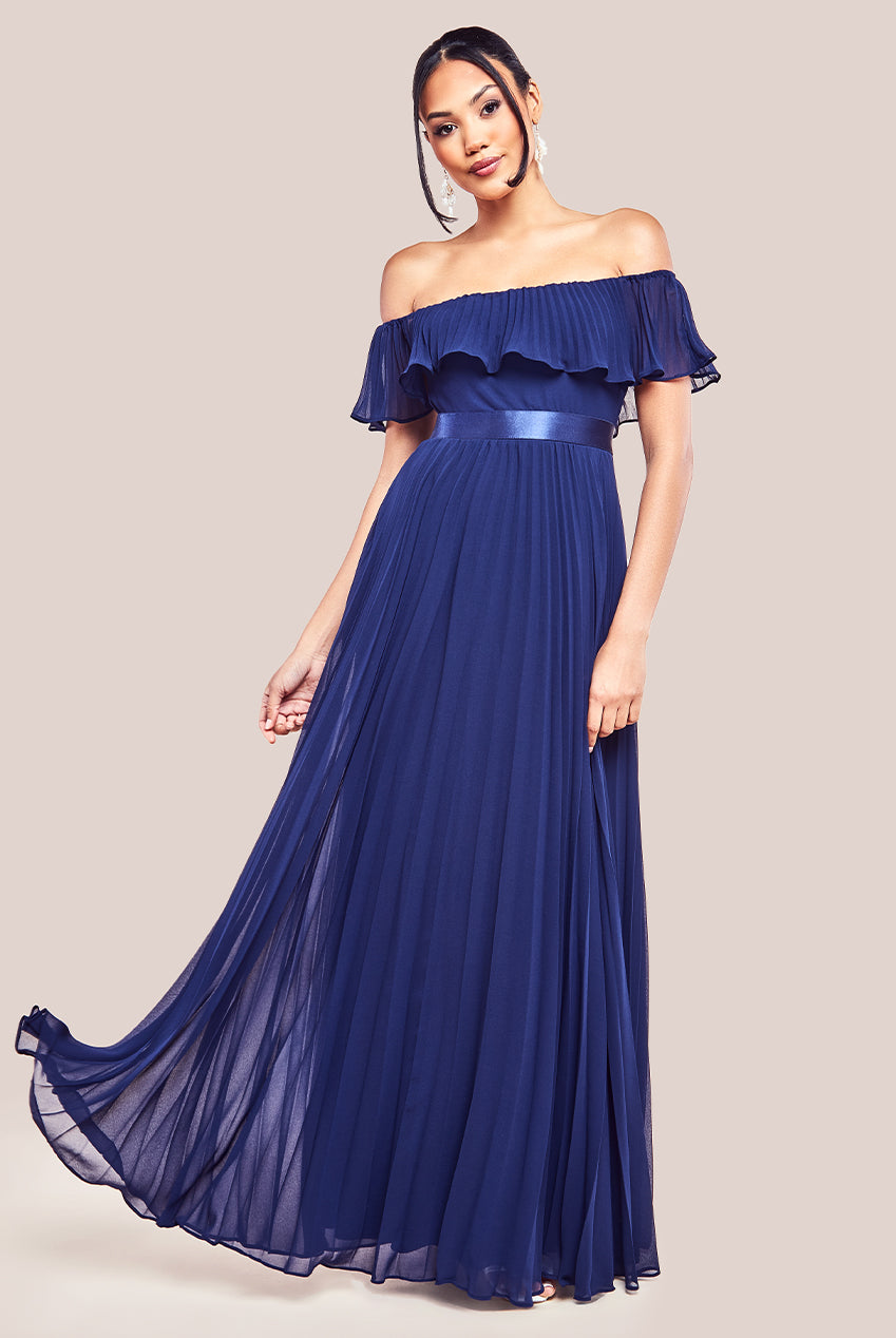 Image of Goddiva Pleated Chiffon Off Shoulder Maxi Dress - Navy