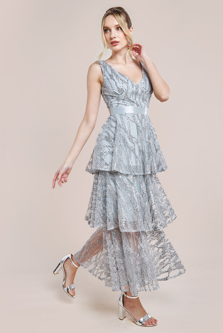 Goddiva Embroidered Mesh Tiered Midi Dress - Grey