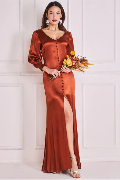 Goddiva Satin Viscose Front Split Maxi - Brown