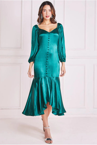 Goddiva Satin Viscose Front Buttoned Dipped Hem - Emerald