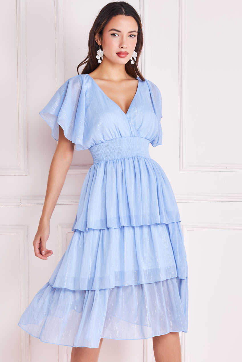 Goddiva Plain Lurex Chiffon Tiered Dress - Light Blue