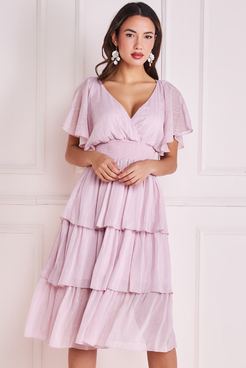 Goddiva Plain Lurex Chiffon Tiered Dress - Pink