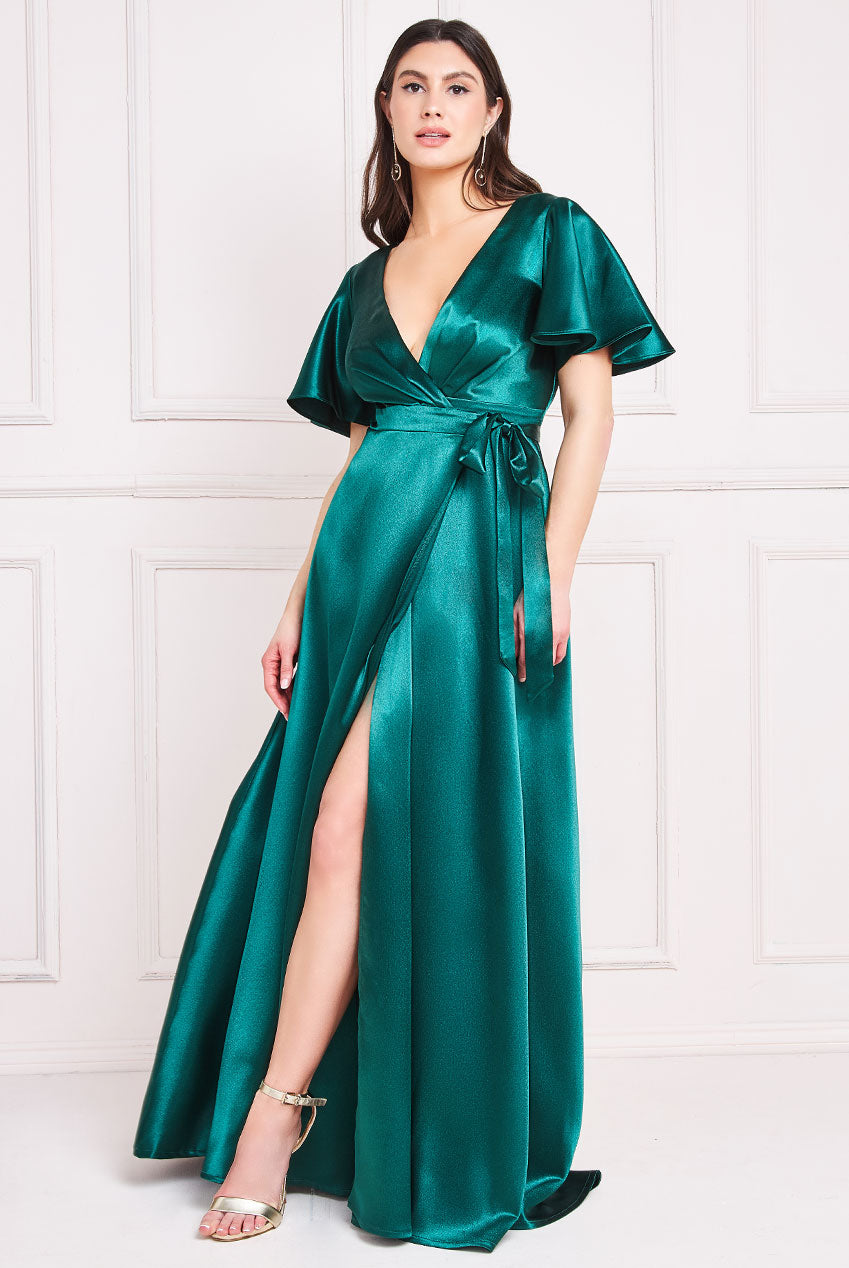 Goddiva Flutter Sleeve Wrapover Satin Maxi Dress - Emerald