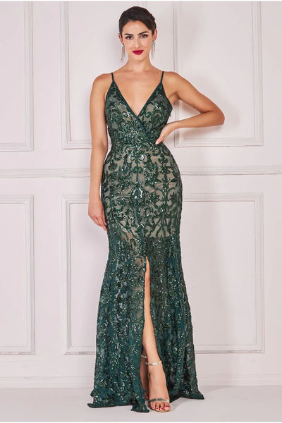 Goddiva Iridescent Sequin Maxi With Front Split - Emerald